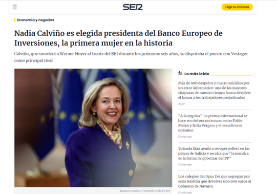 Nadia Calviño elegida primera Presidenta del Banco Europeo de Inversiones